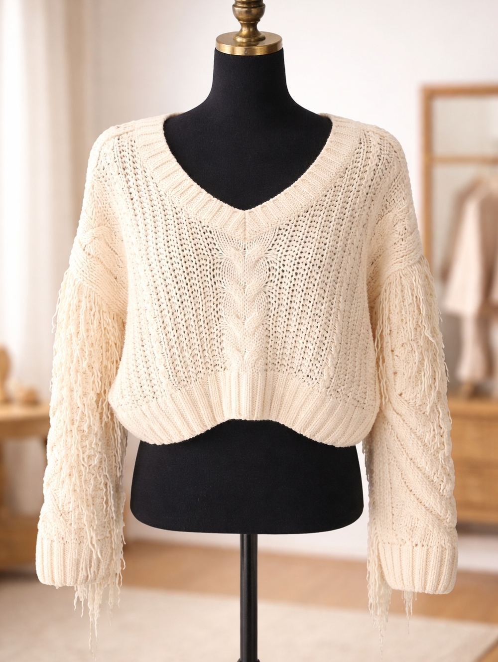 Cream Crochet Fringe Sweater